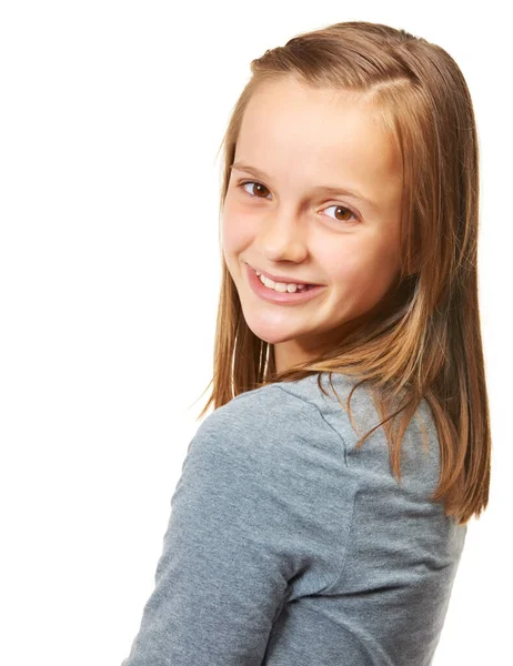Портрет Улыбка Красивая Счастливая Девушка Подросток Моды Беззаботной Стоя Белом — стоковое фото