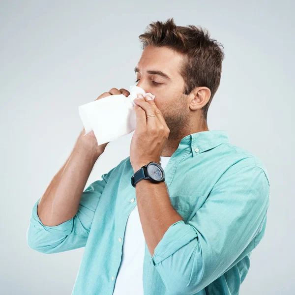 Blowing Nose Tissue Man Studio Allergy Sickness Virus Infection White — Stock Photo, Image