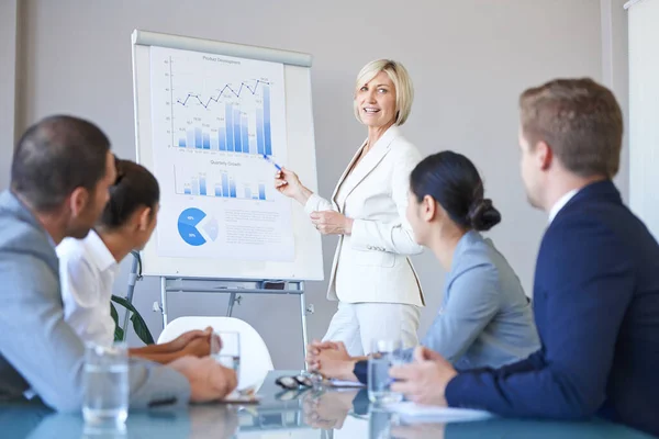 Människor Ett Affärsmöte Presentation Med Dataanalys Och Kvinnlig Talare Ledarskap — Stockfoto