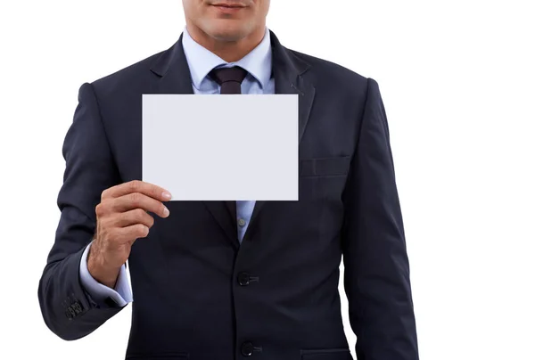 Dar Importância Sua Mensagem Imagem Recortada Empresário Segurando Cartaz Branco — Fotografia de Stock