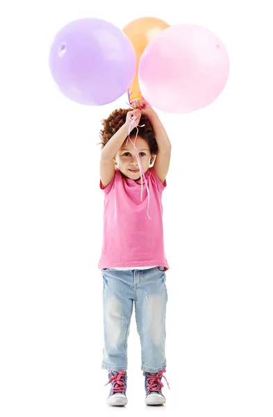 Feliz Aniversário Estúdio Tiro Uma Menina Bonito Segurando Monte Balões — Fotografia de Stock