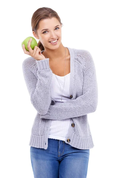 Výborné Zdravé Nádherná Mladá Brunetka Drží Jablko Zatímco Izolované Bílém — Stock fotografie