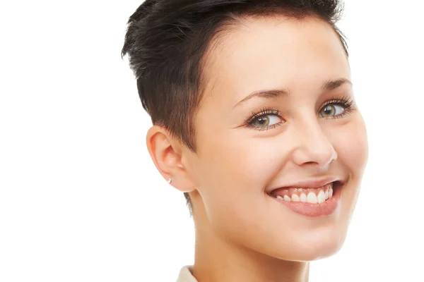 Potrafi Ciąć Krótkie Włosy Przycięte Studio Portret Pięknej Nastolatki Izolowane — Zdjęcie stockowe