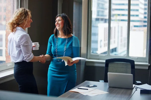 前进的最佳途径是伙伴合作 两个女商人在办公室里握手 — 图库照片