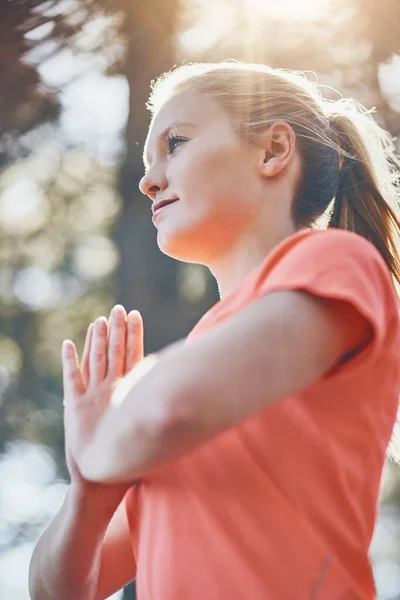 Mulher Ioga Meditação Com Pose Oração Namaste Fitness Livre Com — Fotografia de Stock