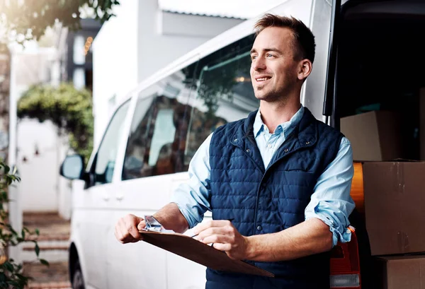 Thinking Delivery Courier Man Documents His Van Holding Clipboard Order — Stock Photo, Image