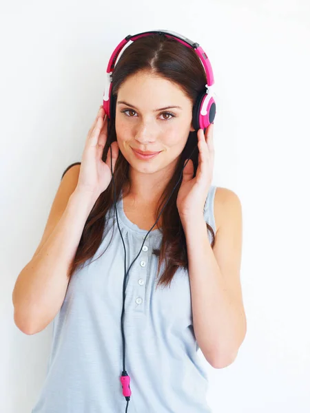Muziek Koptelefoon Portret Vrouw Luisteren Naar Leuke Meisjes Lied Wellness — Stockfoto
