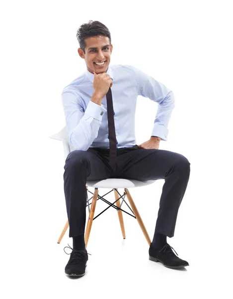 彼は仕事が好きだ 彼のあごで彼の手に安静に座っているハンサムな若いビジネスマン — ストック写真