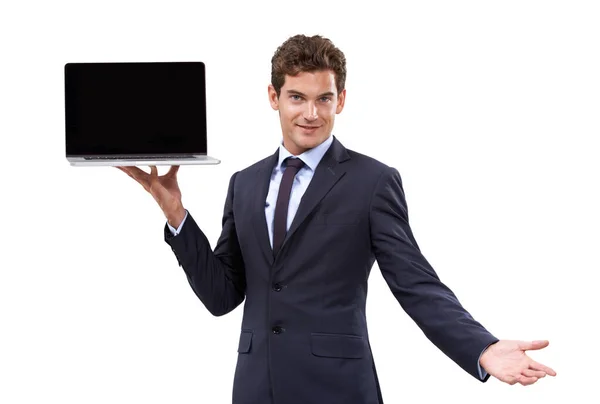 Online Werbung Ein Hübscher Junger Geschäftsmann Zeigt Einen Laptop Vor — Stockfoto