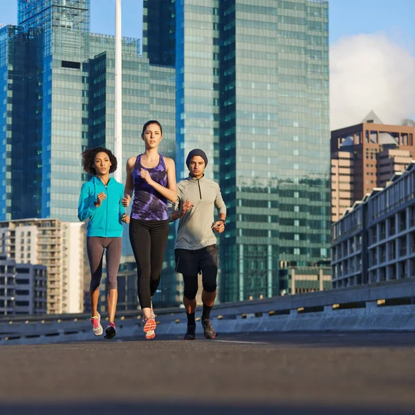 Were Almost Three Young Joggers Out Run City Streets — Stock Photo, Image