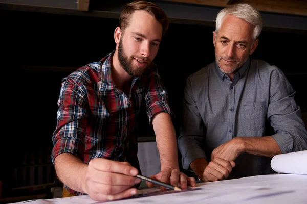 Theyre Meticulous Planners Two Male Architects Working Together Building Plans — Stock Photo, Image