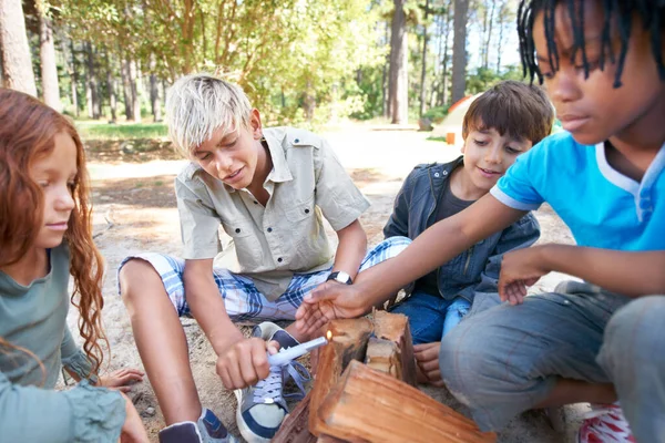 Camping Hjälp Och Eld Med Porträtt Barn Skogen För Sommarläger — Stockfoto