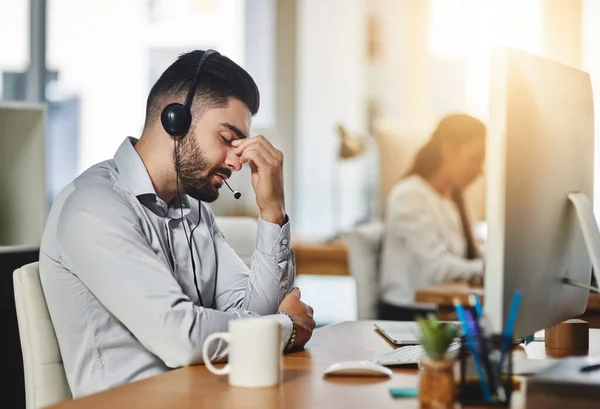 Headache Stress Tired Man Call Center Burnout Head Pain Overworked — Stock Photo, Image