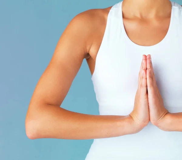Händer Kvinna Och Meditation Med Bön Och Yoga Andlig Och — Stockfoto