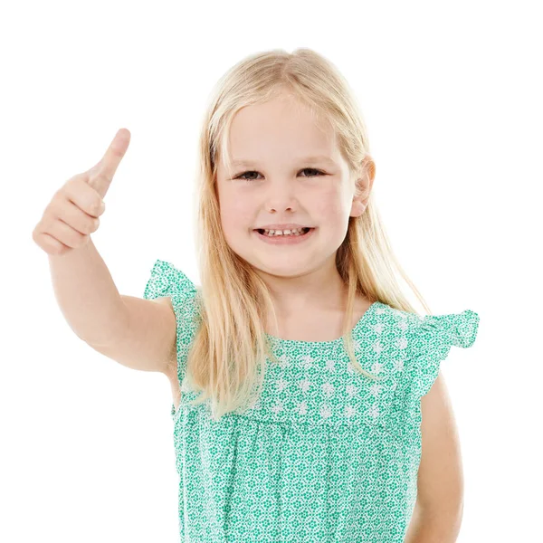这就是精神 工作室拍摄一个可爱的小女孩在白色背景下给你竖起大拇指的照片 — 图库照片
