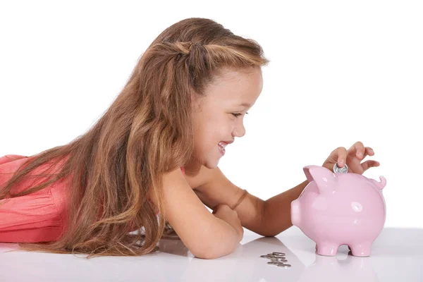 Saving Starts Early Days Cute Young Girl Piggybank — Stock Photo, Image