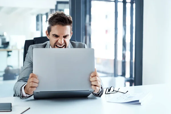 Angry Man Stress Laptop Office Frustrated Glitch Mistake Crisis Anxiety — Stock Photo, Image