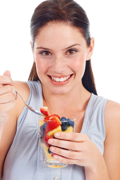 Portret Glimlach Vrouw Fruitsalade Voor Lichaamsgewicht Verlies Veganistisch Dieet Gezondheidszorg — Stockfoto