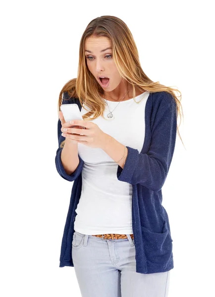 Geschokt Wow Vrouw Een Telefoon Geïsoleerd Een Witte Achtergrond Voor — Stockfoto