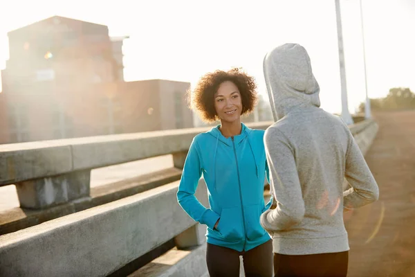 Cant Wait Get Run Started Two Female Joggers Talking Run — Stock Photo, Image