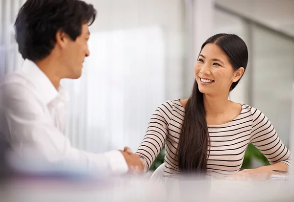 Embarking Joint Venture Two Business Partners Shaking Hands While Seated — Stock Photo, Image