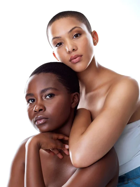She Protect Anything Portrait Two Beautiful Young Women Holding Each — Stock Photo, Image