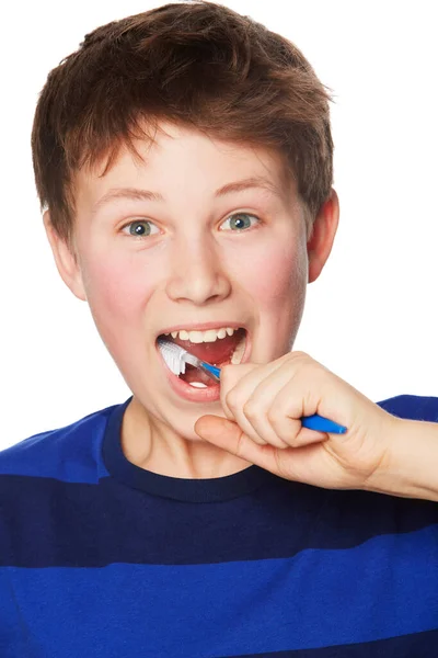 Обличчя Посмішка Зуби Чищення Дітей Студії Ізольовані Білому Тлі Портрет — стокове фото