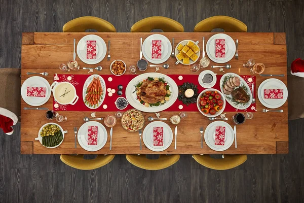 Diner Tafel Kerstlunch Met Eten Een Evenement Van Bovenaf Boven — Stockfoto