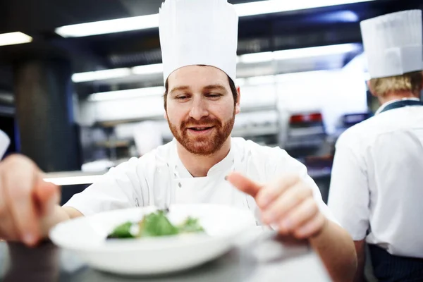 Dinner Served Chef Putting Final Touches Dinner Plate Professional Kitchen — Stock Photo, Image