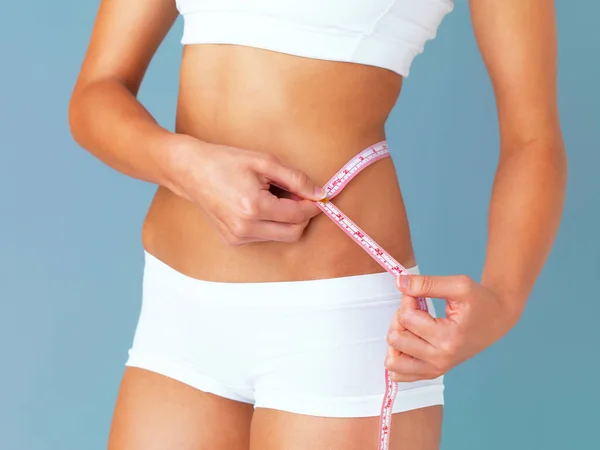 Mulher Fita Métrica Perder Peso Saúde Dieta Com Tamanho Cintura — Fotografia de Stock