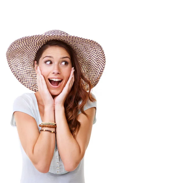 Mujer Sorprendida Feliz Estudio Con Sombrero Para Verano Moda Emocionada —  Fotos de Stock
