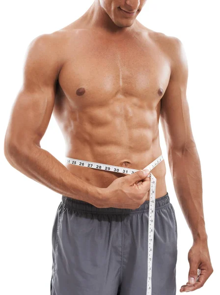 Midiendo Sus Duros Abdominales Imagen Recortada Hombre Musculoso Midiendo Torso —  Fotos de Stock