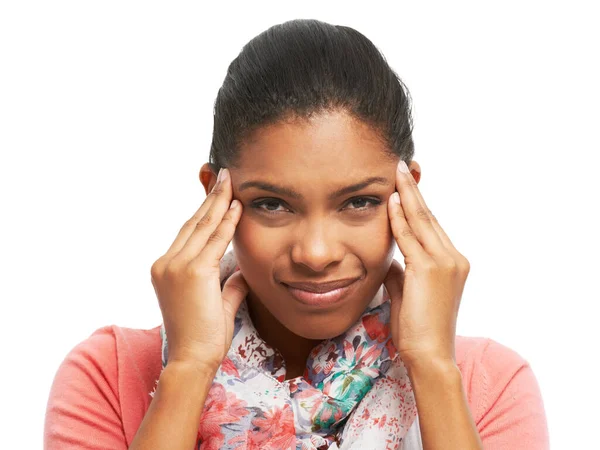 Headache Bringing Young Woman Battling Migraine While Isolated White Backgorund — Stock Photo, Image