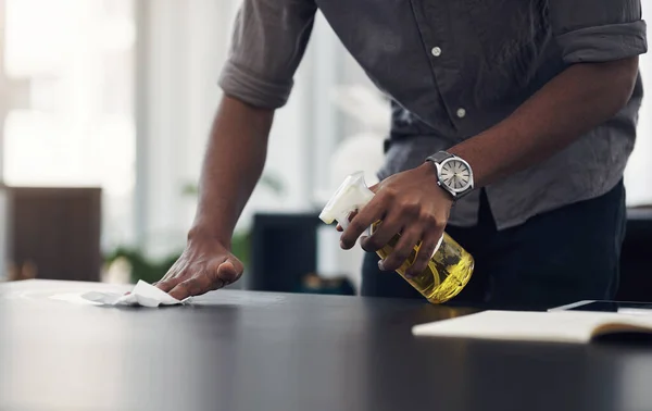 Clean Office Safer Office Closeup Shot Unrecognisable Businessman Cleaning Workspace — Stock Photo, Image