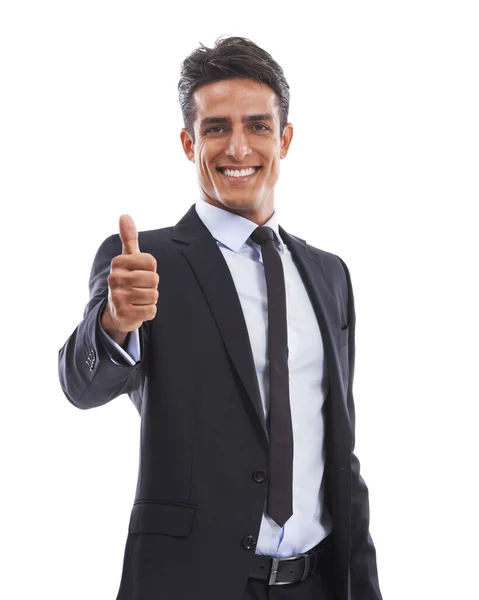 Thats Deal Well Done Portrait Happy Young Businessman Holding Thumbs — Stock Photo, Image
