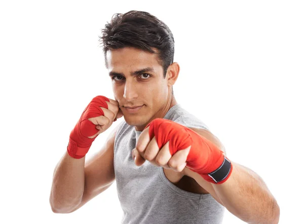 Perfektní Údery Portrét Pohledné Mladé Kick Boxer Punching Proti Bílému — Stock fotografie