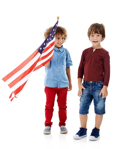 Celebrating Diversity Studio Shot Two Cute Little Boys Holding American Royalty Free Stock Images