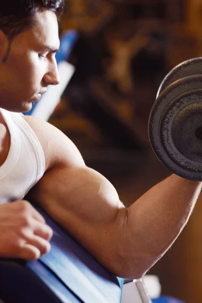 Gym Focus Arm Fitness Man Doet Halter Training Spieropbouw Oefening — Stockfoto