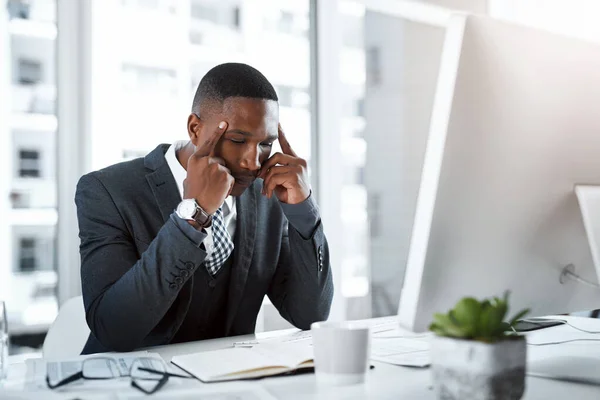 Corporate Black Man Headache Stress Workplace Burnout Depression Pain Office — Stock Photo, Image