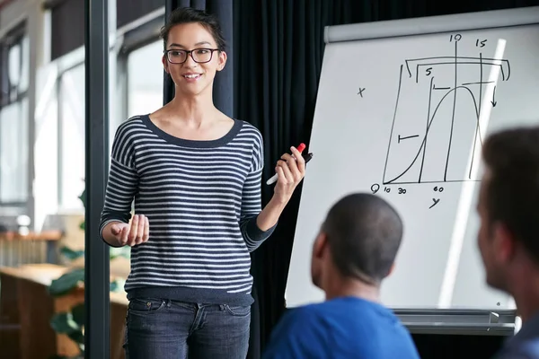 Ihm Gehört Die Präsentation Eine Frau Bei Einer Whiteboard Präsentation — Stockfoto