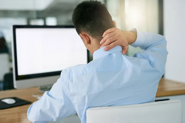 Ból Szyi Stres Makieta Człowiekiem Ekranu Komputera Ból Głowy Wypalenie — Zdjęcie stockowe