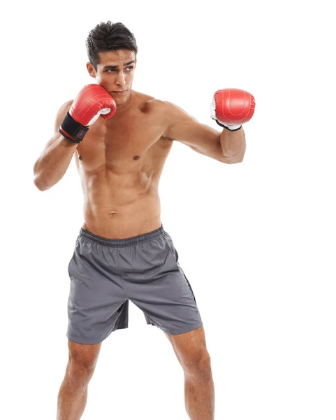Perfecting His Punch Handsome Shirtless Young Boxer Boxing White Background — Stock Photo, Image