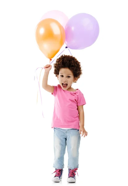 Vamos Festejar Estúdio Tiro Uma Menina Bonito Segurando Monte Balões — Fotografia de Stock