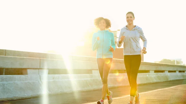 Its Glorious Morning Run Two Friends Jogging Together City — Stock Photo, Image