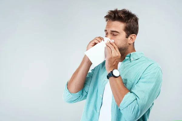 Allergy Sick Man Blowing Nose Tissue Flu Illness Virus Studio — Stock Photo, Image