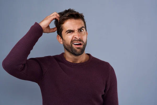 Doubt Confused Portrait Man Puzzled Uncertain Scratch Head Gray Background — Stock Photo, Image