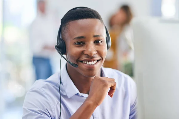 Virtuele Assistent Portret Gelukkige Zwarte Man Call Center Consulting Praten — Stockfoto
