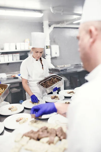 Putting All Elements Together Chefs Preparing Meal Service Professional Kitchen — Stock Photo, Image