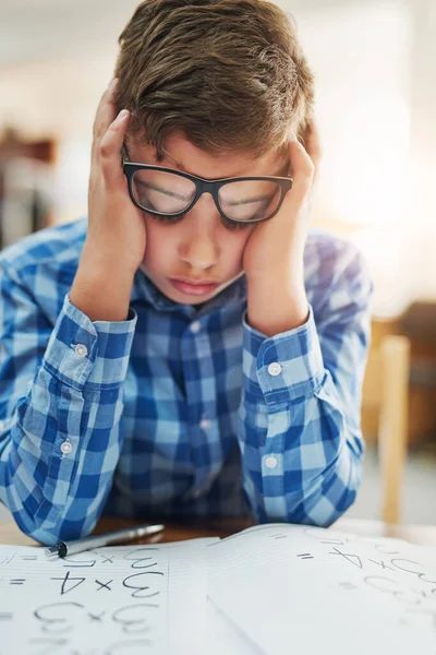 Struggling Portrait Young Boy Looking Stressed While Being Seated Classroom — Stock Photo, Image