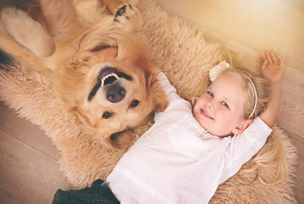 Mädchen Hund Und Porträt Zusammen Auf Dem Boden Wohnzimmer Oder — Stockfoto